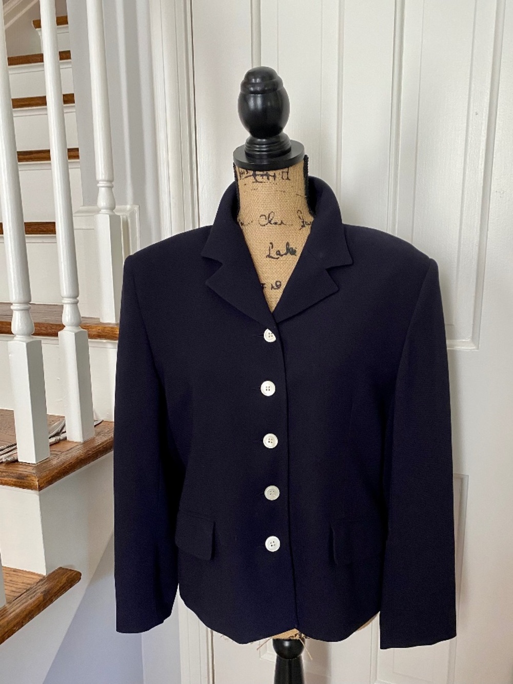 Navy Polyester Jacket with Pearl Buttons. Suit Top by Louben of Canada. Size 14
